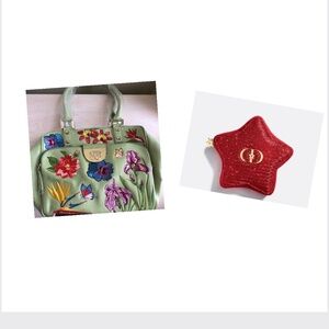 Sale!New Sharif Celadon Green Leather Embroidery Floral Bag & Dior Red Star Bag